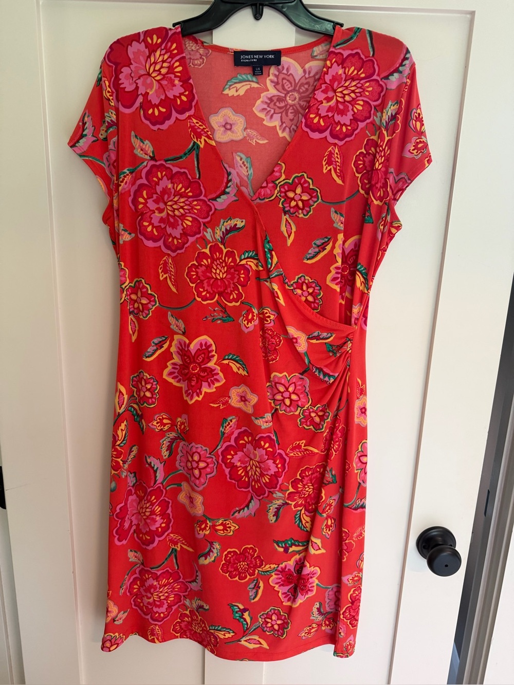 Jones New York Coral-Red Floral Faux Wrap Dress